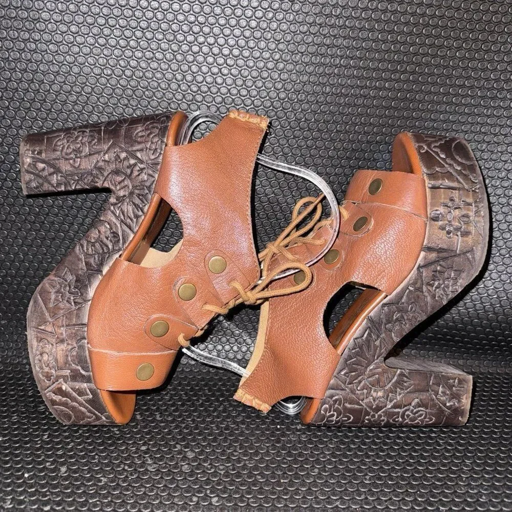 Free People Farrah Brown Leather Platform Clog Sandals Womens Size 37 (6.5)
